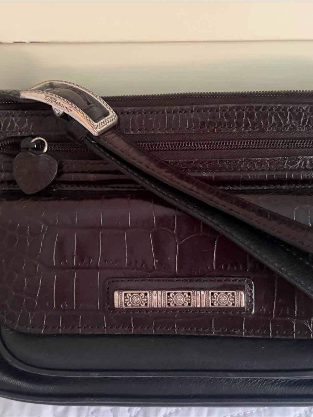 Brighton black Croc-Embossed Leather Shoulder Bag with Silver Accents